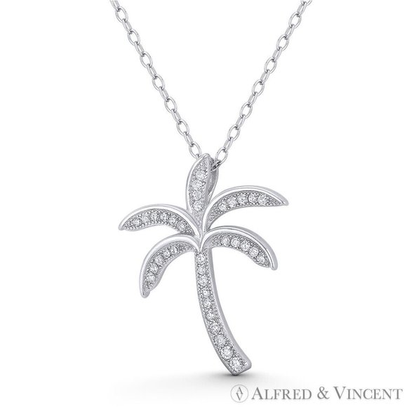 Tropical Coconut Palm Tree CZ Crystal Pave Pendant in .925 Sterling Silver - Picture 1 of 1